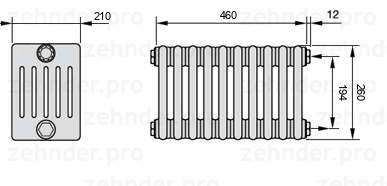 Схема (чертеж) Радиатор Zehnder Charleston 6026/10 №7610 Белый глянцевый RAL 9016